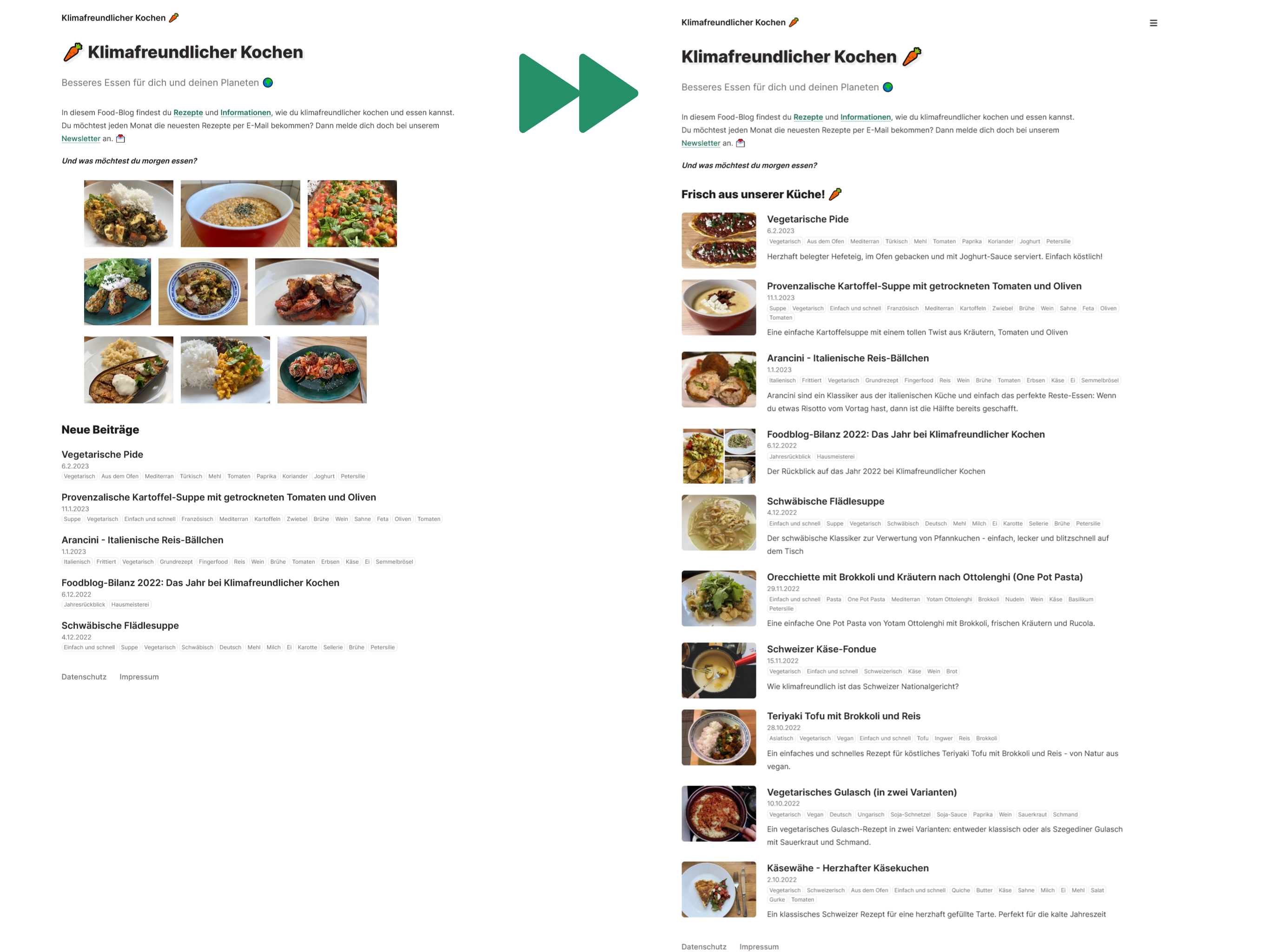 The homepage in a before-and-after comparison