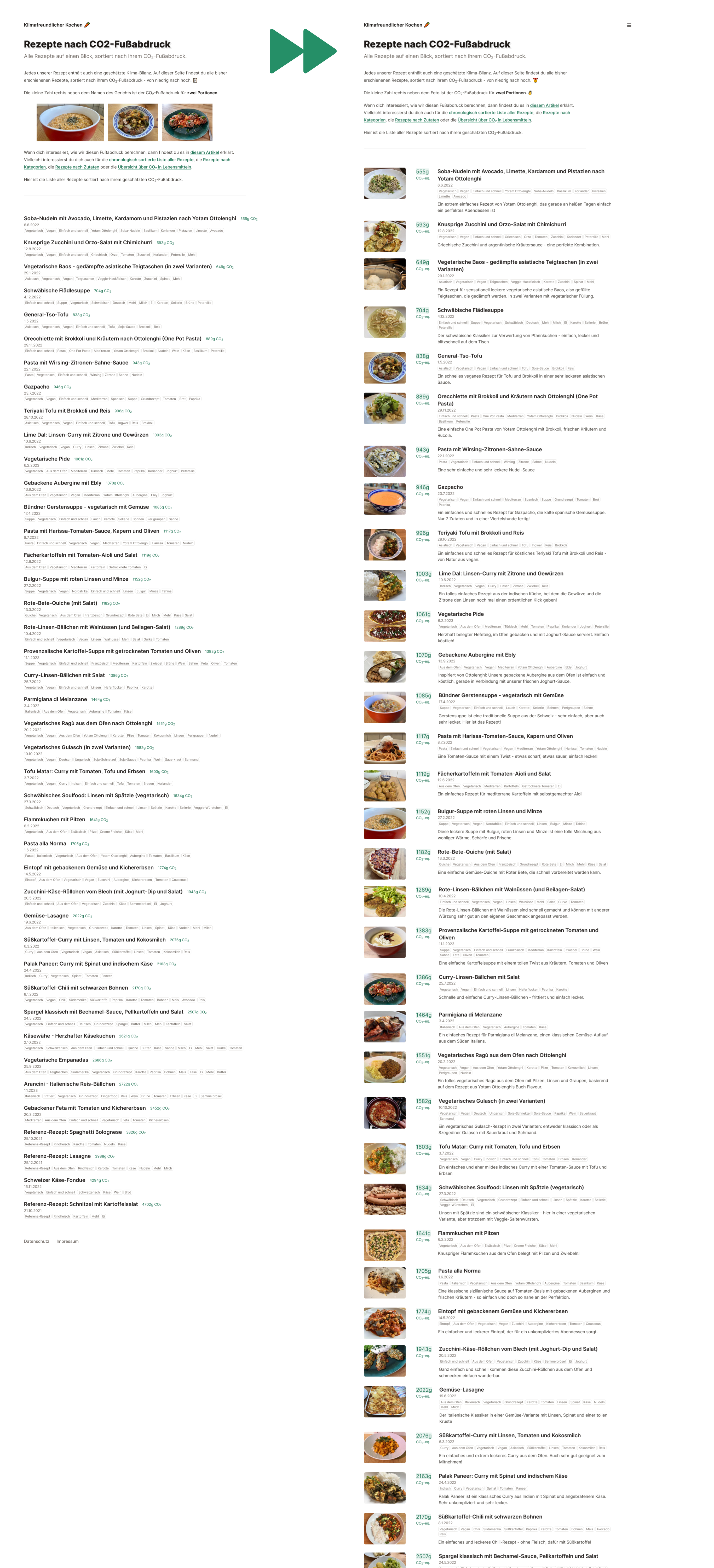 The overview of all recipes by carbon footprint in a before-and-after comparison.