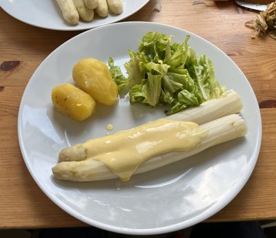 Classic White Asparagus with Creamy Béchamel Sauce, Boiled Potatoes and Salad