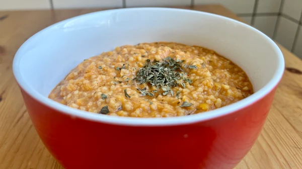 Bulgur and red lentils soup with mint - a great dish for any time of year, even if there is no fresh mint for decoration at the moment.