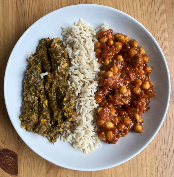 Why just one curry when you can have two? A plate of chana masala and palak paneer...
