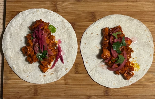 Jackfruit tacos pibil with pickled red onions and some fresh coriander