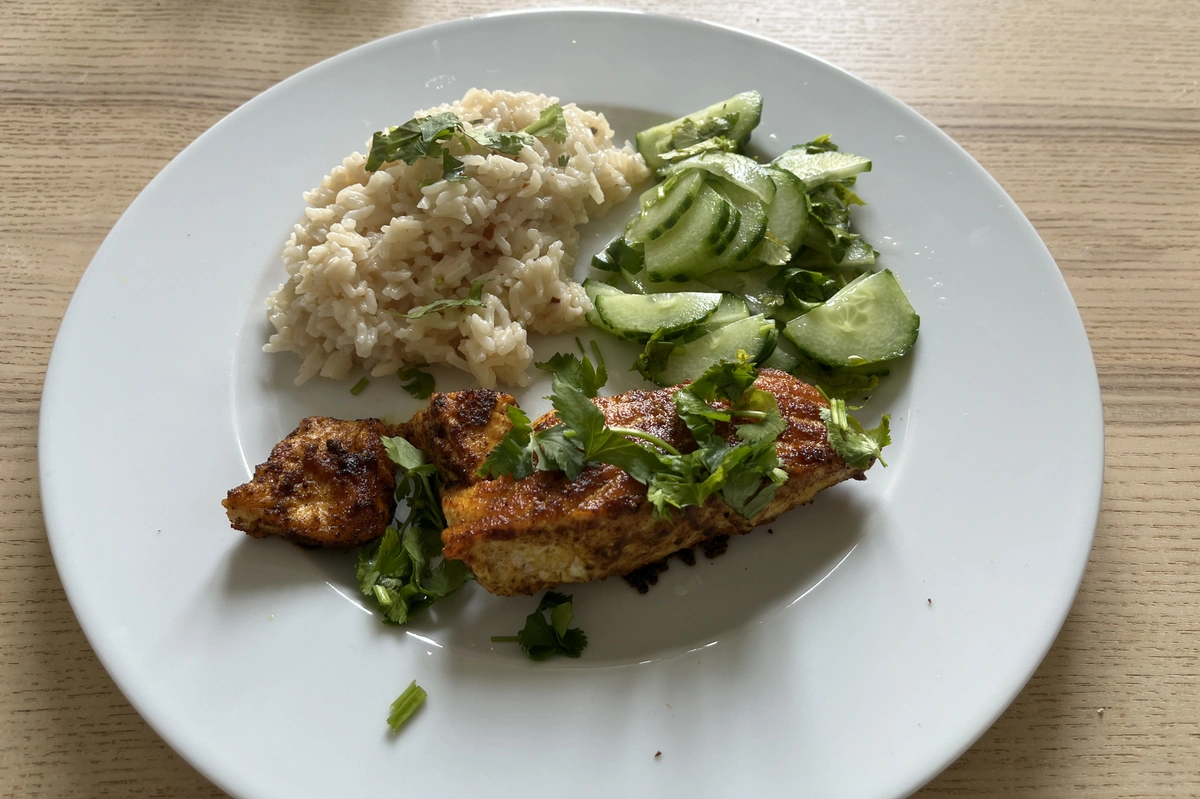 Jamie Oliver's Crispy Korma Salmon with Coconut Rice and Cucumber Pickles
