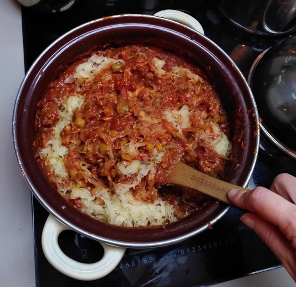 A pan of Szegedin veggie goulash with a generous helping of sauerkraut just before folding in - cooked here by a friend of mine.
