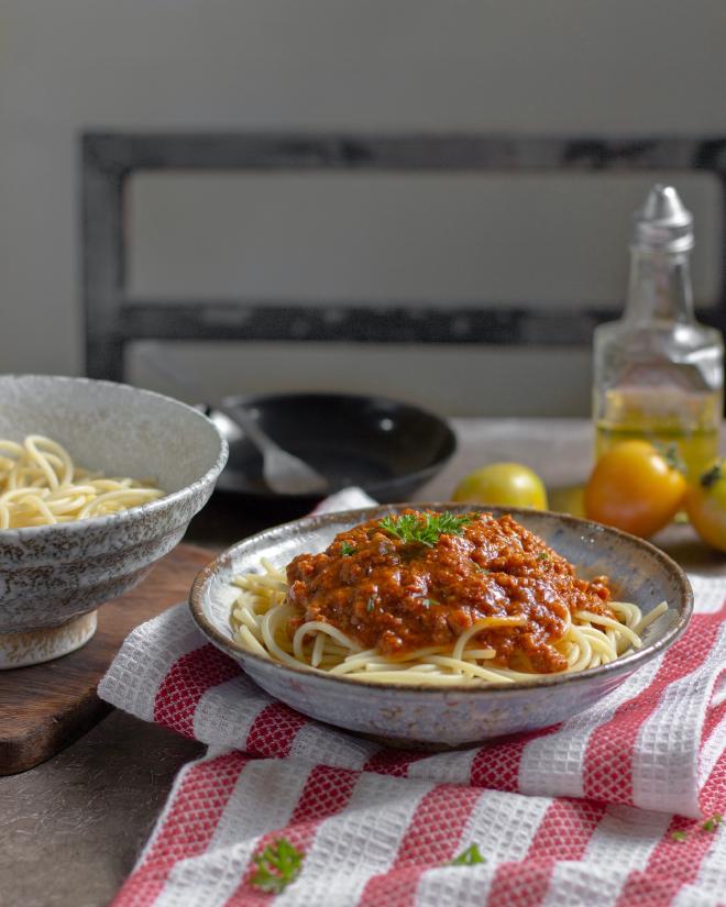 Plate of spaghetti bolognese