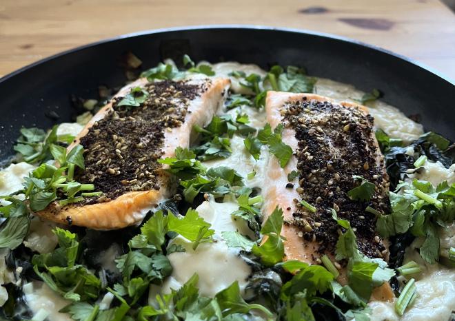 Oven-baked salmon with za'atar and tahina