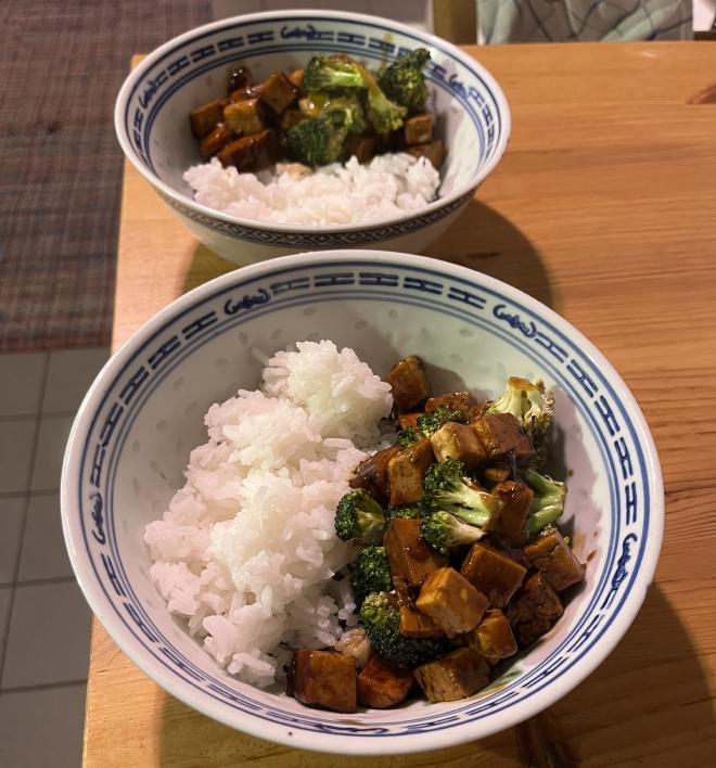 Two portions of teriyaki tofu with broccoli and rice