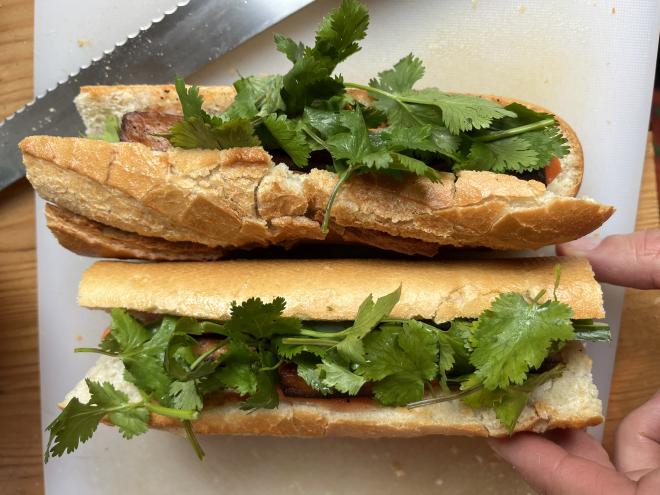 Bánh Mì with lots of coriander and some smoked tofu inside.