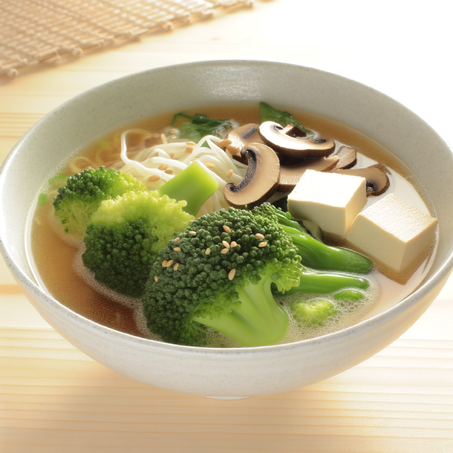 Vegan firecracker ramen with a topping of tofu, broccoli and mushrooms.