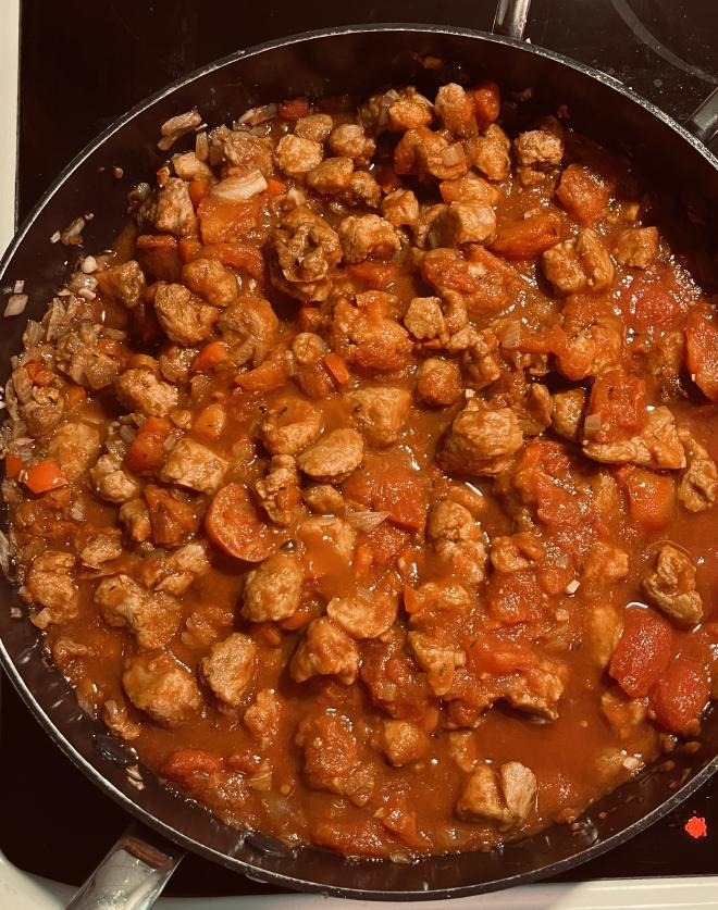 A pan of vegetarian goulash